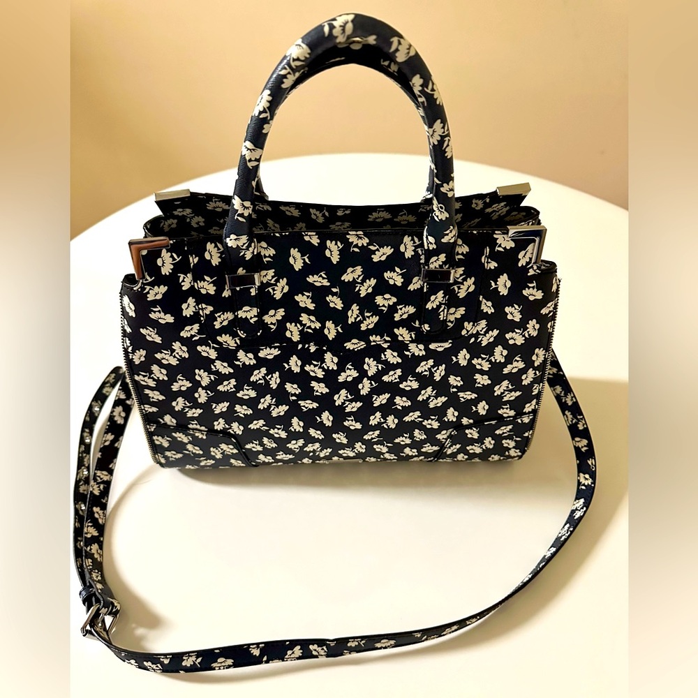Rebecca Minkoff Saffiano Leather Satchel.  Black and White Floral.